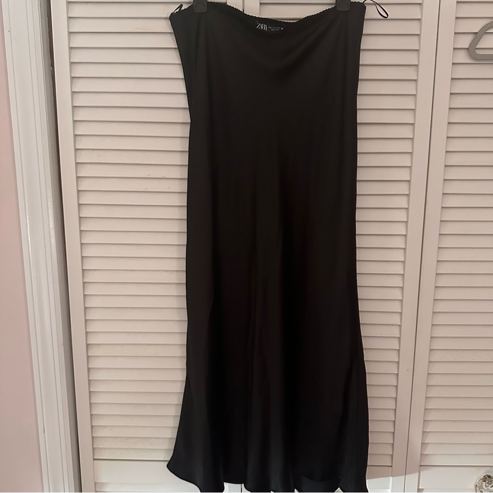 Zara Black Satin A-Line Maxi Skirt with elastic waist, XL